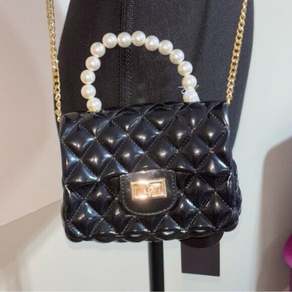 Deluxity Black Quilted Women's Bag Purse Mini Jelly PVC Pearl Handle Chain - Picture 4 of 10